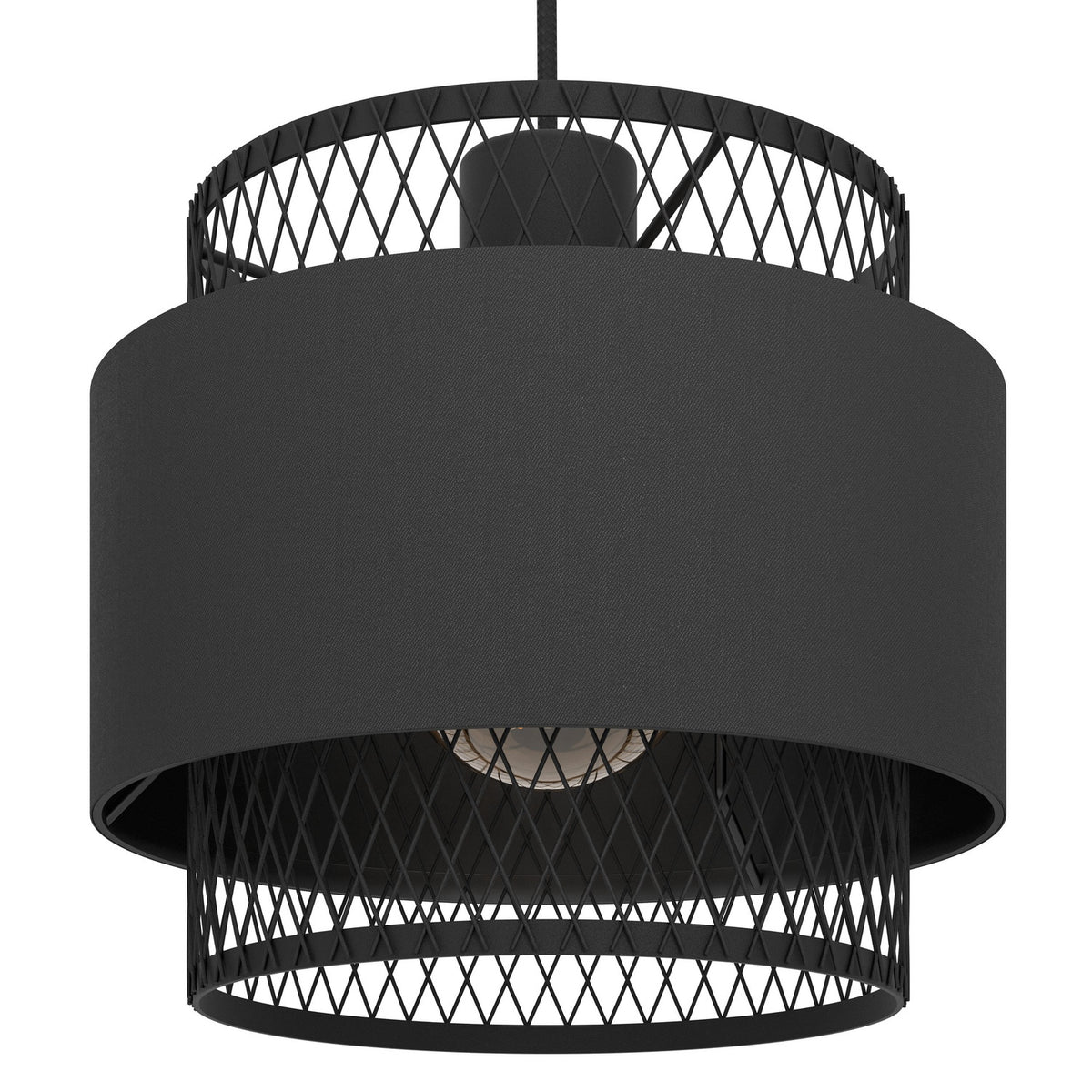 Ronarne pendant light shown close up, with a black fabric drum shade between open diamond-mesh steel tiers, revealing the E27 bulb beneath, on a plain white background.