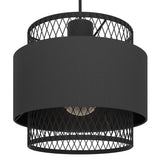 Ronarne pendant light shown close up, with a black fabric drum shade between open diamond-mesh steel tiers, revealing the E27 bulb beneath, on a plain white background.
