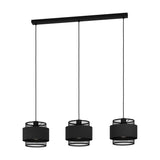 Ronarne linear pendant light with black steel ceiling bar and three black fabric drum shades featuring diamond-mesh tiers, shown on a plain white background.