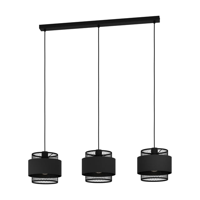 Ronarne linear pendant light with black steel ceiling bar and three black fabric drum shades featuring diamond-mesh tiers, shown on a plain white background.