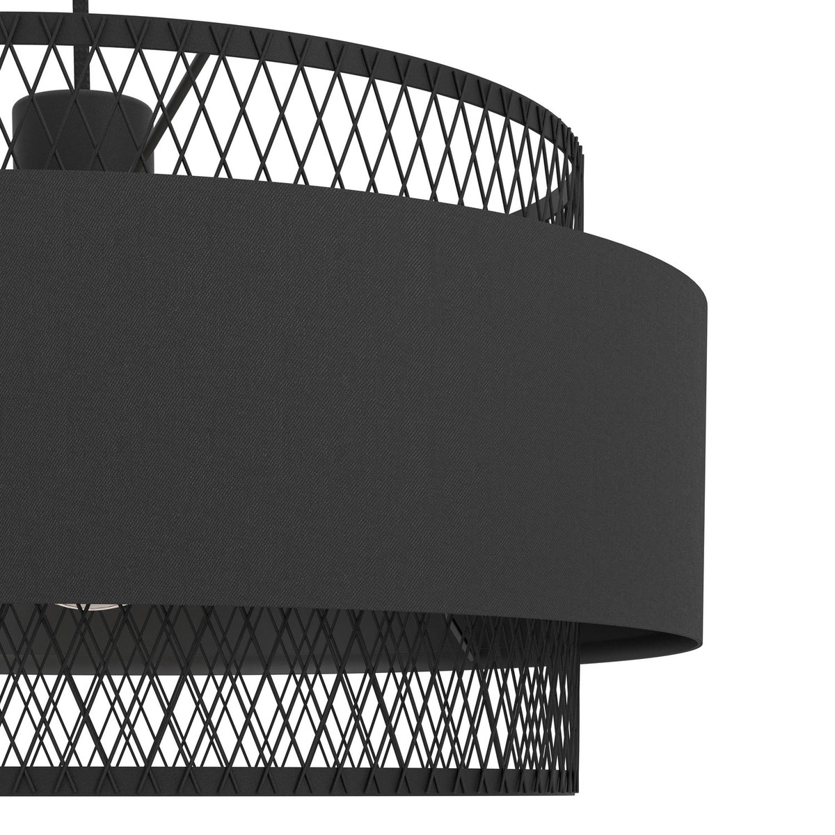 Close-up of the Ronarne fabric pendant light in black, showing the solid drum shade band set between two open lattice steel rings on a plain white background.