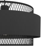 Close-up of the Ronarne fabric pendant light in black, showing the solid drum shade band set between two open lattice steel rings on a plain white background.