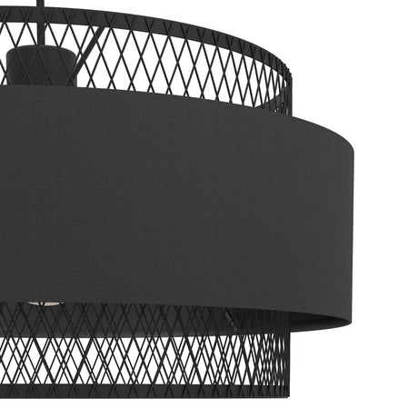 Close-up of the Ronarne fabric pendant light in black, showing the solid drum shade band set between two open lattice steel rings on a plain white background.