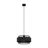 Ronarne fabric pendant light in black, drum shade with open lattice rings above and below a solid fabric band, black steel frame, slim cord and round ceiling canopy, on a white background.