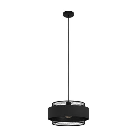 Ronarne fabric pendant light in black, drum shade with open lattice rings above and below a solid fabric band, black steel frame, slim cord and round ceiling canopy, on a white background.
