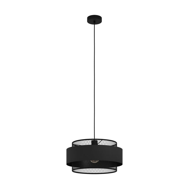 Ronarne fabric pendant light in black, drum shade with open lattice rings above and below a solid fabric band, black steel frame, slim cord and round ceiling canopy, on a white background.