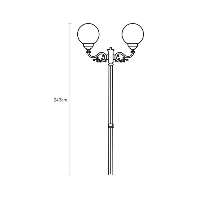 Rondel cast aluminium outdoor lamp post, 243cm tall, with 2 opal globe lanterns on scrolled arms atop a decorative black column, shown as a line drawing with height marker on white background.