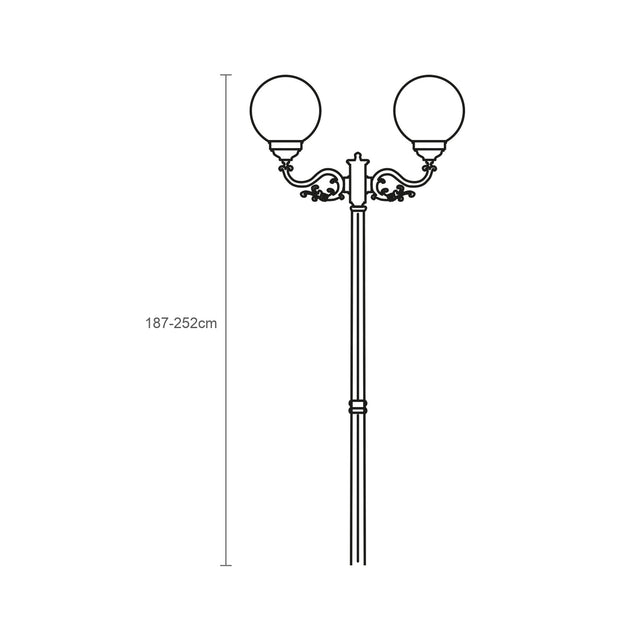 Rondel cast aluminium outdoor lamp post, 187-252cm, with adjustable column and two opal globe lanterns on scrolled arms, black finish, shown as a line illustration on a white background.