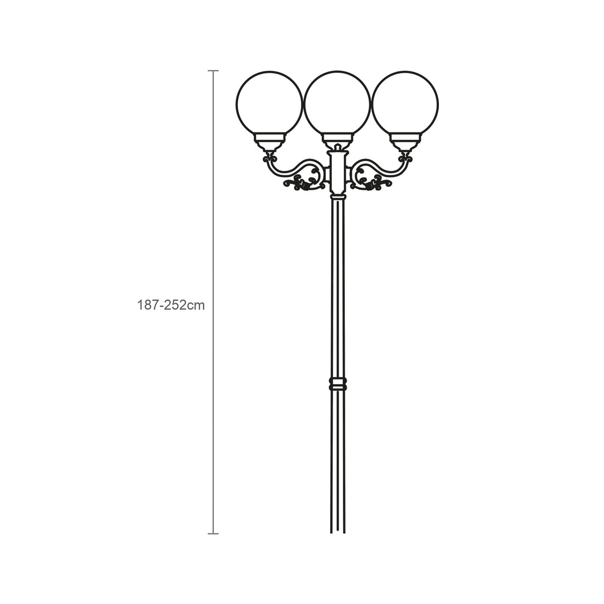 Line drawing of the Rondel cast aluminium outdoor lamp post with 3 opal globe lanterns atop a black column, height 187-252cm, on a white background.
