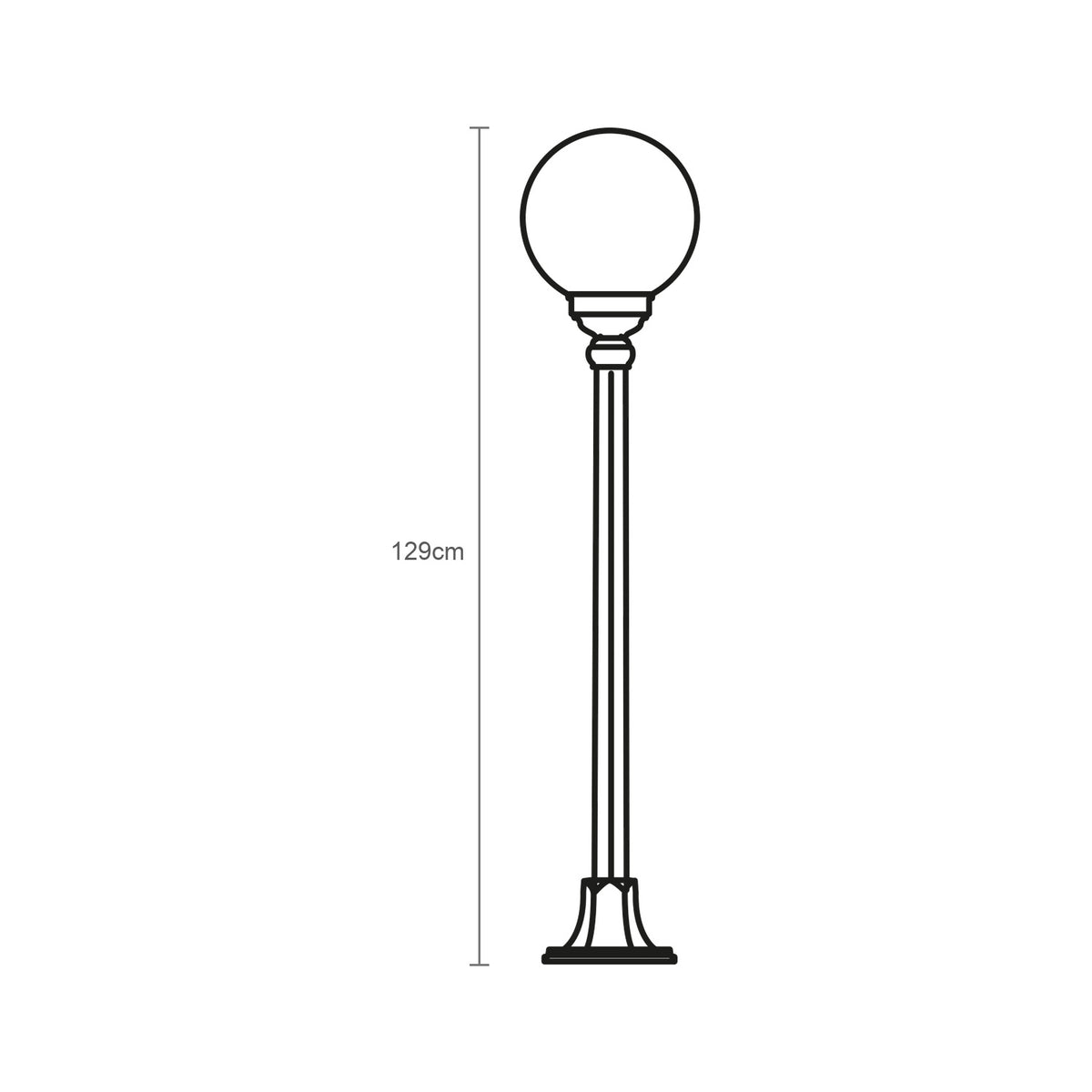 Line drawing of the Rondel cast aluminium outdoor lamp post, 129cm tall with a round opal globe shade atop a fluted column and stepped base, shown with height dimension on a white background.