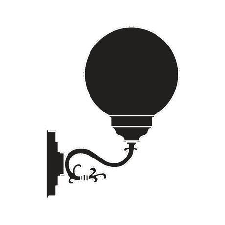 Rondel cast aluminium outdoor wall lantern with a round opal globe shade in black, mounted on a scrolled bracket with wall plate, shown on a plain white background.