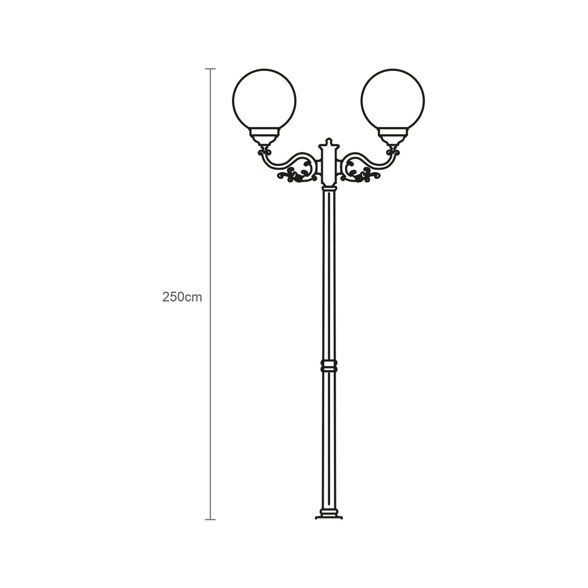 Rondel Large cast aluminium outdoor lamp post, 250cm, with two ornate scrolled arms holding round opal globe shades, shown as a line illustration with height measurement on a white background.