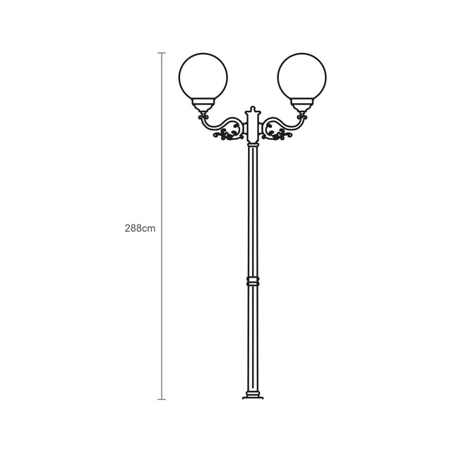 Line drawing of the Rondel Large 2-light cast aluminium outdoor lamp post, 288cm tall, with scrolled crossarm, opal globe shades and stepped base plinth, height dimension marked, on white background.