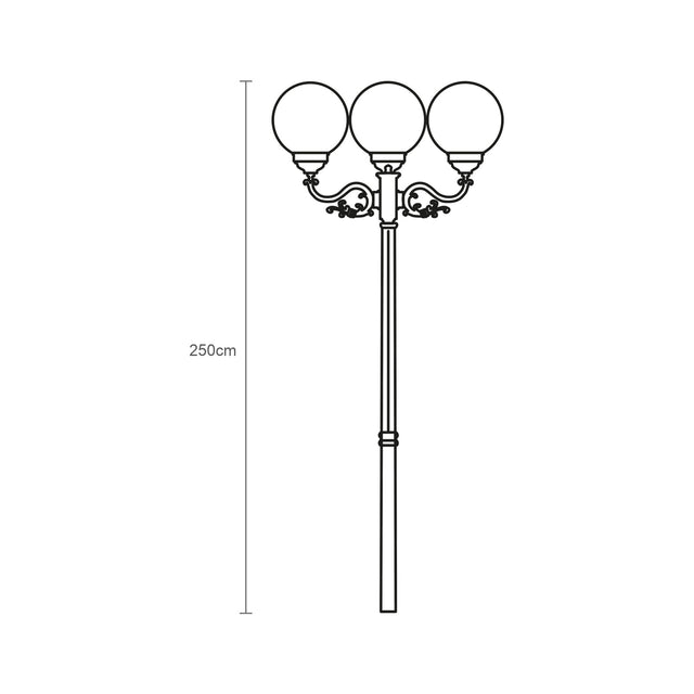 Line drawing of the Rondel Large cast aluminium outdoor lamp post, 250cm tall with a single column rising to 3 opal globe lanterns, shown with height dimension on a white background.