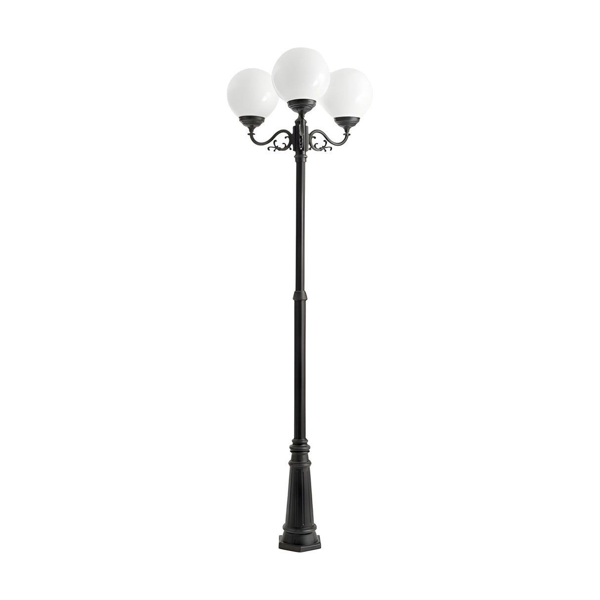 Rondel Large cast aluminium outdoor lamp post in black, 250cm column with scrolled arms holding three round opal globe lanterns, on a plain white background.