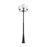 Rondel Large cast aluminium outdoor lamp post in black, 250cm column with scrolled arms holding three round opal globe lanterns, on a plain white background.