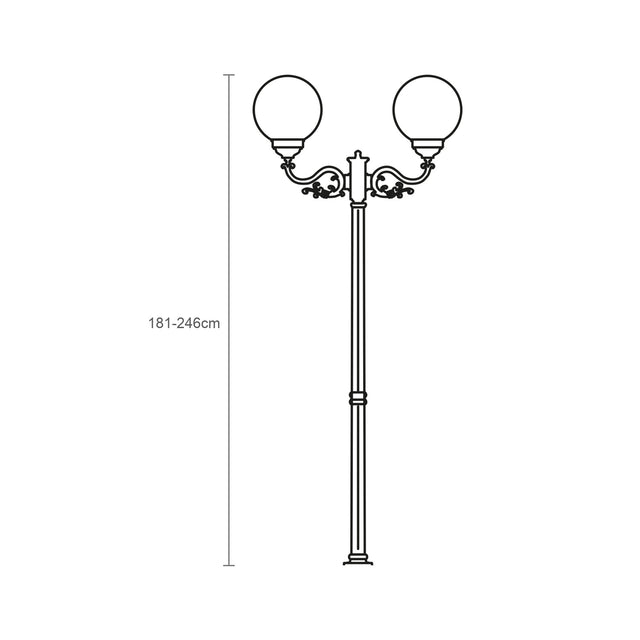Line drawing of the Rondel Large cast aluminium outdoor lamp post, 181-246cm adjustable column with two ornate arms holding round opal globe lanterns, shown on a plain white background.