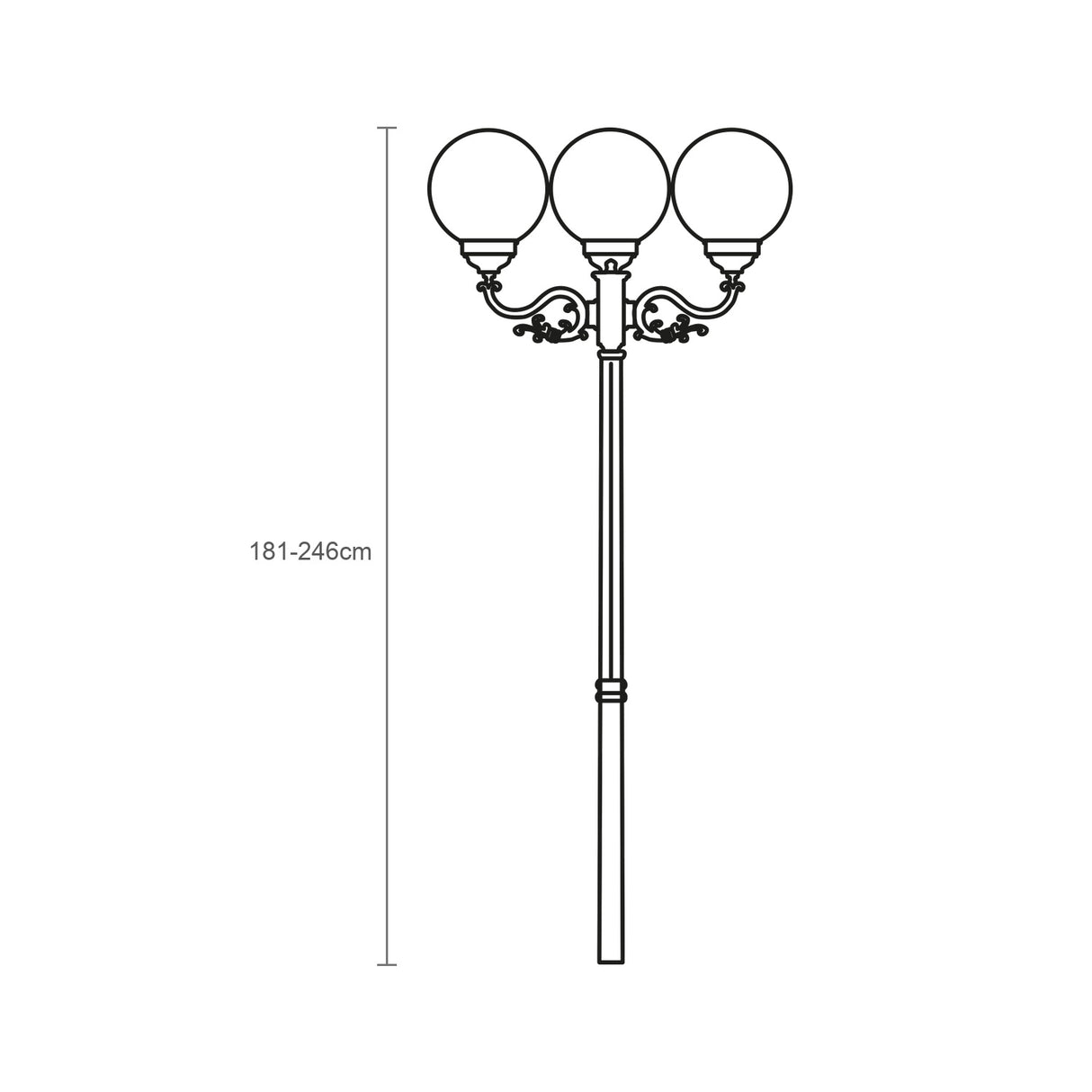 Line drawing of the Rondel Large cast aluminium outdoor lamp post with 3 globe lanterns atop a tall column, adjustable height 181-246cm, shown on a white background.
