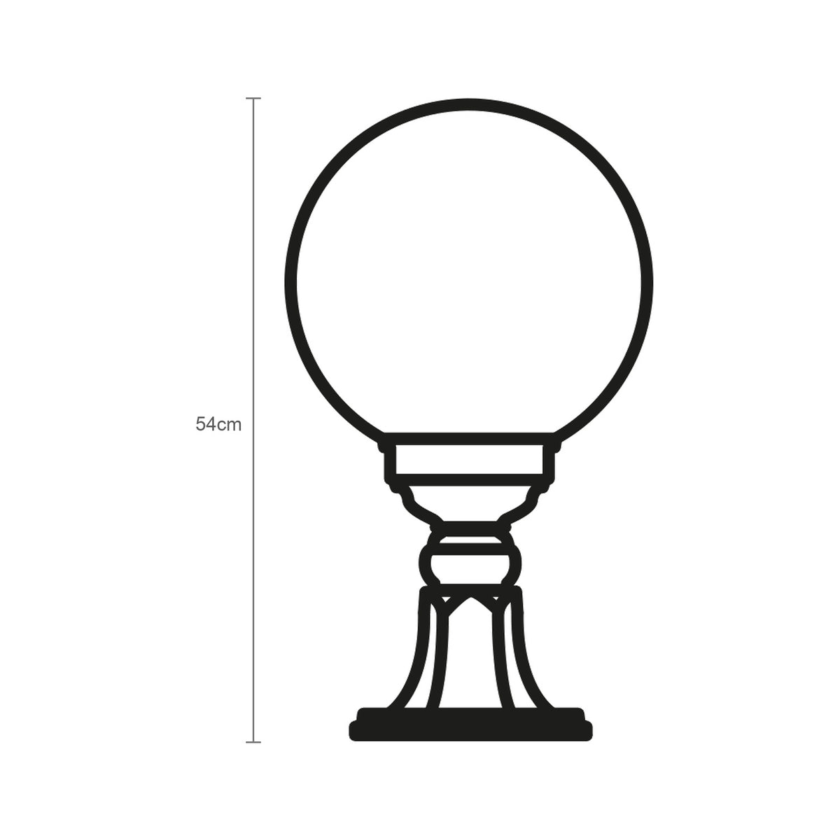 Line drawing of the Rondel Large 54cm cast aluminium outdoor bollard light with a round opal globe on a decorative pedestal base, dimension marked, plain white background.