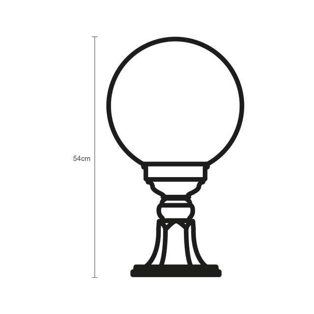 Line drawing of the Rondel Large 54cm cast aluminium outdoor bollard light with a round opal globe on a decorative pedestal base, dimension marked, plain white background.