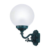 Rondel Large cast aluminium outdoor wall lantern with opal globe shade on a scrolled bracket, green finish, shown on a plain white background.
