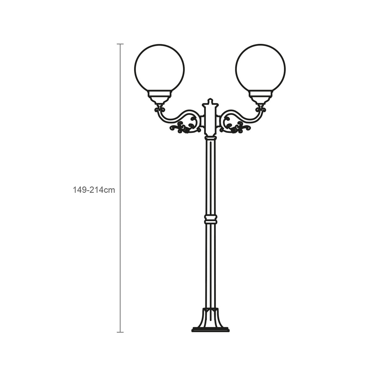 Line drawing of the Rondel Small 2-light outdoor lamp post, cast aluminium column with scrolled arms and two globe shades, adjustable 149-214cm height, on a white background.