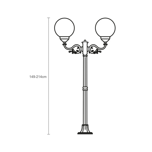 Line drawing of the Rondel Small 2-light outdoor lamp post, cast aluminium column with scrolled arms and two globe shades, adjustable 149-214cm height, on a white background.