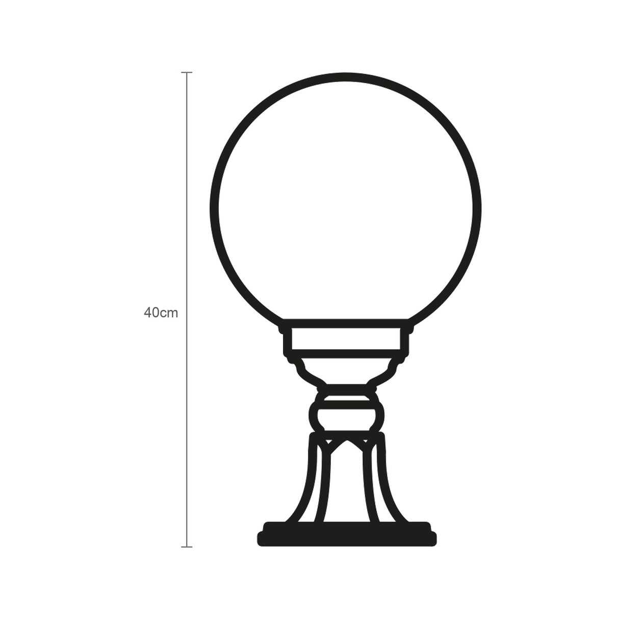 Line drawing of the Rondel Small cast aluminium outdoor bollard light, showing a round opal globe on a decorative pedestal base with 40cm height dimension marked, plain white background.
