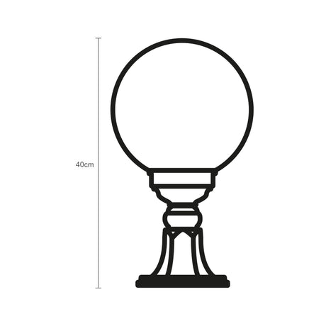 Line drawing of the Rondel Small cast aluminium outdoor bollard light, showing a round opal globe on a decorative pedestal base with 40cm height dimension marked, plain white background.