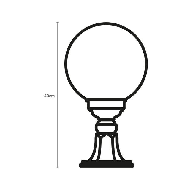Line drawing of the Rondel Small cast aluminium outdoor bollard light, showing a round opal globe on a decorative pedestal base with 40cm height dimension marked, plain white background.