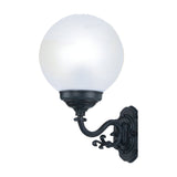 Rondel Small cast aluminium outdoor wall lantern with opal globe shade on a scrolled black bracket, shown on a plain white background.