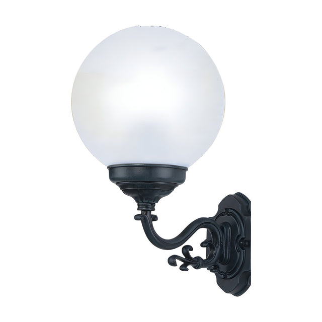 Rondel Small cast aluminium outdoor wall lantern with opal globe shade on a scrolled black bracket, shown on a plain white background.
