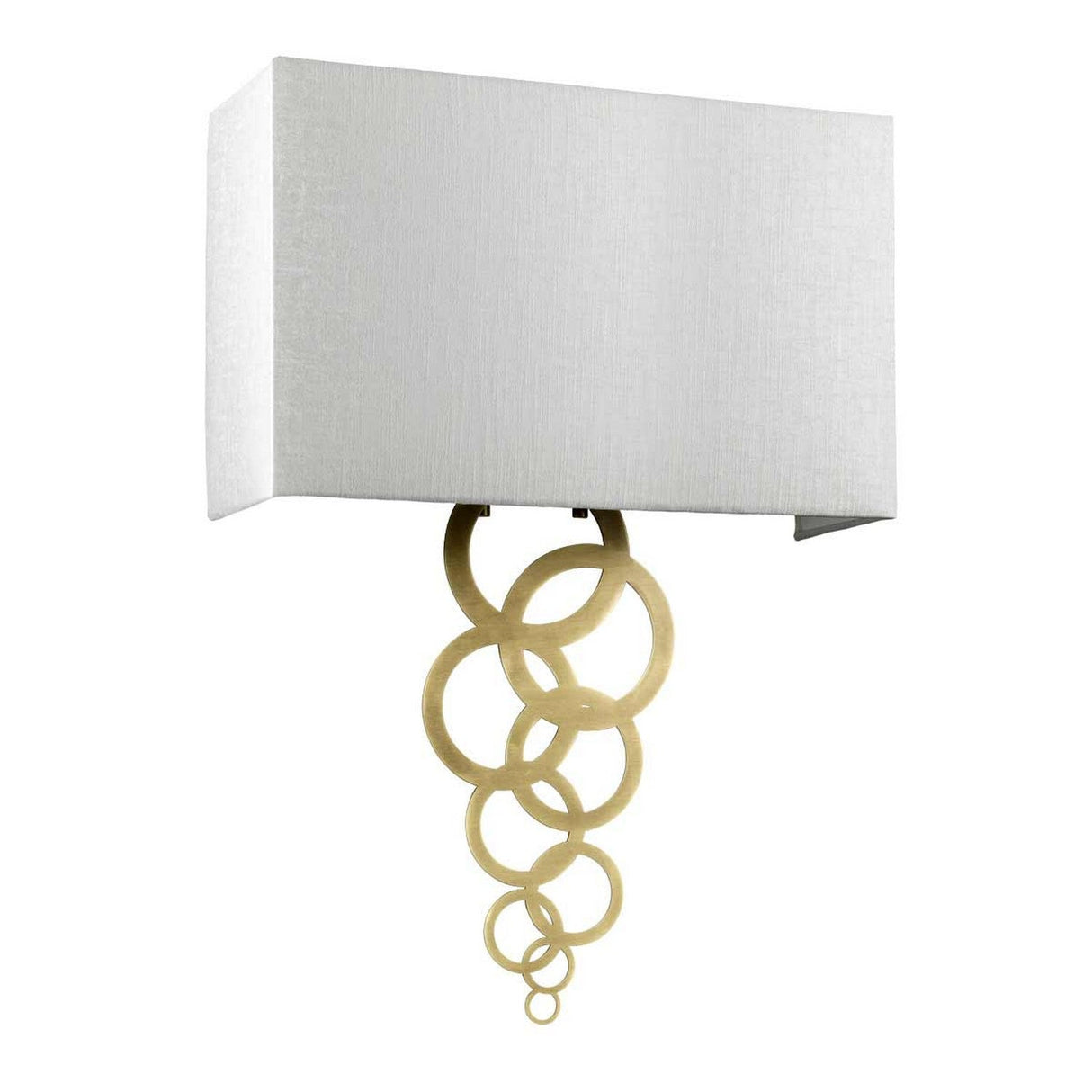 The Rosa Large 2 Light Wall Light - Aged Brass boasts an elegant design with its interlocking aged brass rings and an Ivory faux silk shade that enhances the beauty of any space.