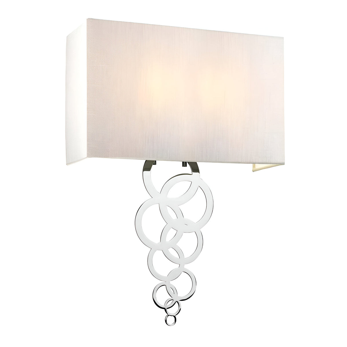 The Rosa Large 2 Light Wall Light in polished chrome features a modern design with a rectangular white lampshade and elegant interlocking chrome rings hanging below, adding a contemporary touch to this wall light.