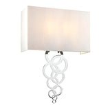 The Rosa Large 2 Light Wall Light in polished chrome features a modern design with a rectangular white lampshade and elegant interlocking chrome rings hanging below, adding a contemporary touch to this wall light.