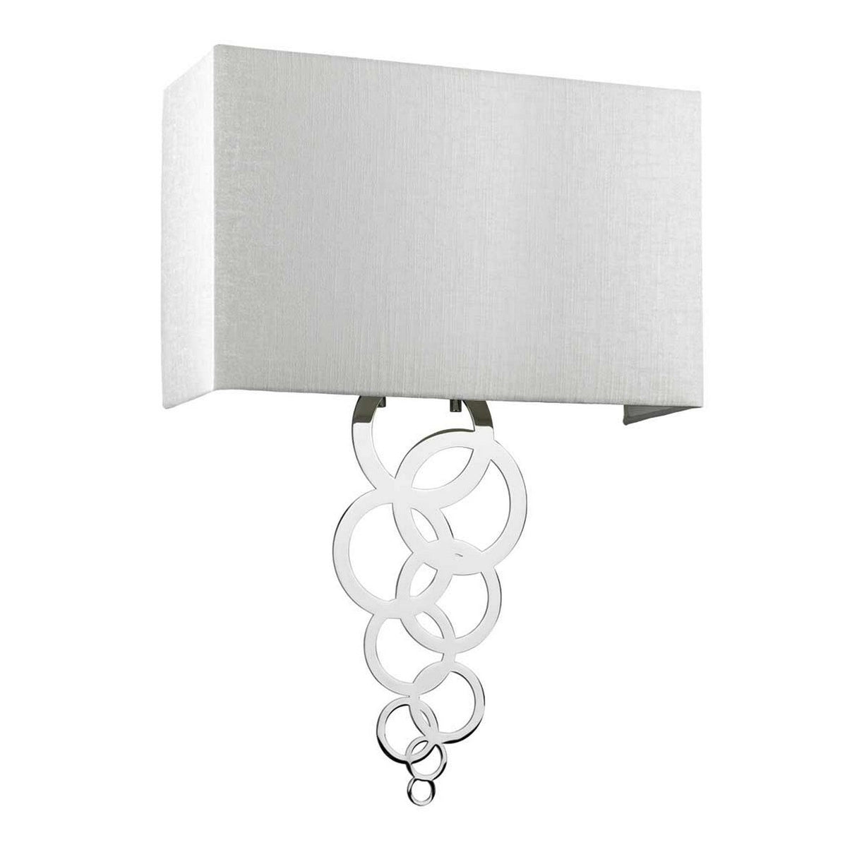 Introducing the Rosa Large 2 Light Wall Light in Polished Chrome, featuring a modern design with a rectangular, textured white shade. Below the shade, interconnected silver metallic rings form a vertical chain-like structure that adds a contemporary touch to any space.