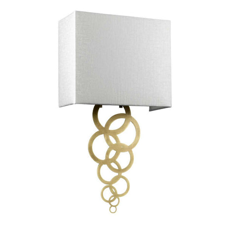 The Rosa Medium 1 Light Wall Light in aged brass offers a blend of modern elegance and vintage charm, featuring an ivory faux silk shade and decorative rings cascading below.