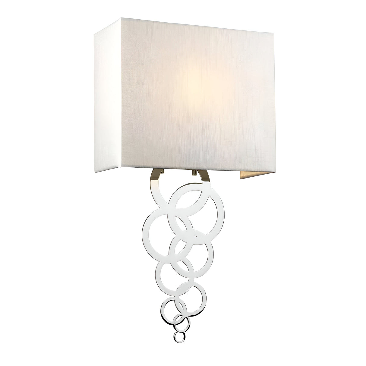 Introducing the Rosa Medium 1 Light Wall Light in Polished Chrome, featuring a sleek rectangular white shade and modern design. This contemporary fixture showcases decorative interlocking silver rings beneath the shade, providing a soft glow through its polished chrome accents.