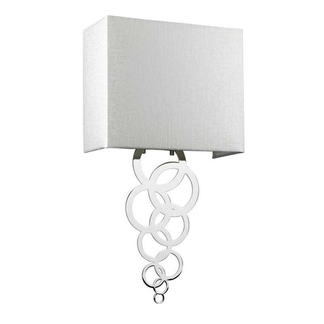 The Rosa Medium 1 Light Wall Light in polished chrome features a rectangular white fabric shade and an artistic design of interlocking silver rings on the base, making it a sleek contemporary fixture perfect for stylish interior decor.