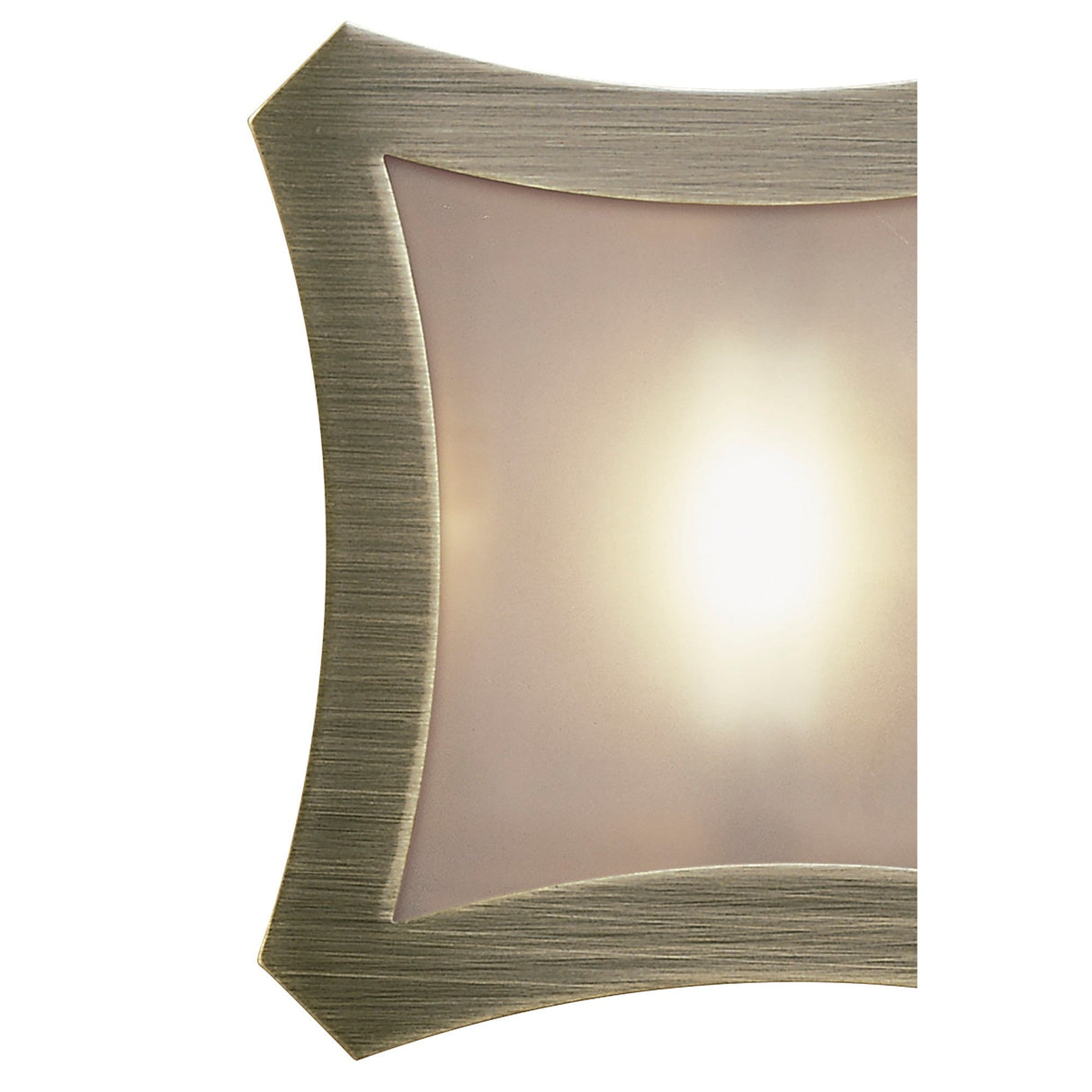 Close-up of Mantra Rosa Del Desierto flush ceiling light showing the curved antique brass corner frame and frosted glass shade illuminated by an R7S bulb.