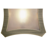 Close-up of Mantra Rosa Del Desierto flush ceiling light showing the curved antique brass corner frame and frosted glass shade illuminated by the bulb.