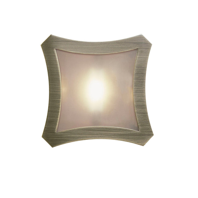 Mantra Rosa Del Desierto 1 light flush ceiling light with frosted glass shade and curved four-lobe antique brass frame, illuminated on a white background.