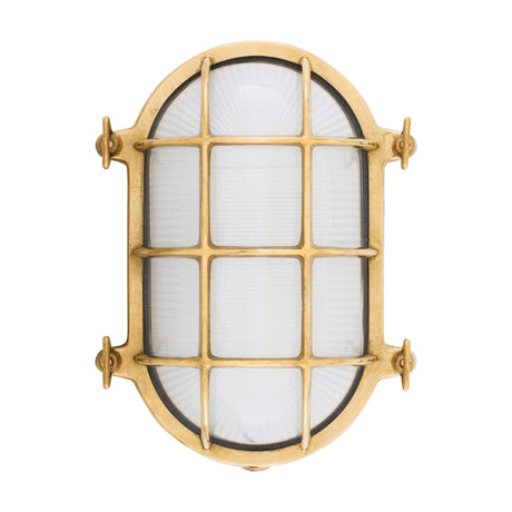 Ross-Emergency oval brass bulkhead wall light with ribbed frosted glass dome and caged grille cover, IP54, shown against a plain white background.