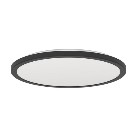 Rovito LED Flush Ceiling Light, 38.9cm round fixture with black plastic body and white plastic diffuser, shown at an angle on a plain white background.