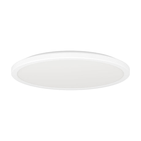Rovito LED flush ceiling light in white, a slim 38.9cm round fixture with an opal plastic shade, shown at an angle on a plain white background.