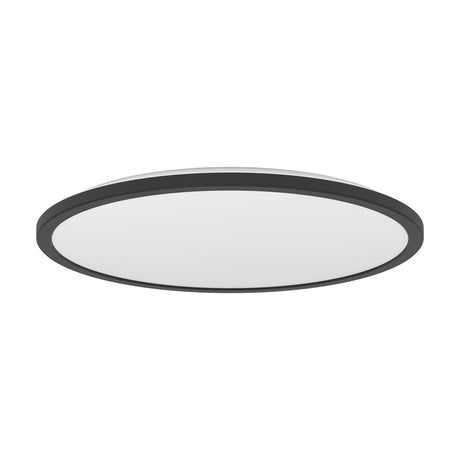 Rovito LED Flush Ceiling Light 50cm in black, a round fixture with a slim black rim framing a white diffuser, shown at an angle on a plain white background.