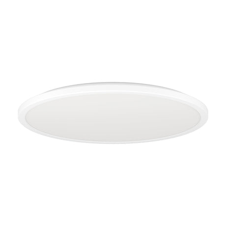 Rovito LED Flush Ceiling Light, round white plastic disc with integrated LED panel and slim low profile, shown against a plain white background.