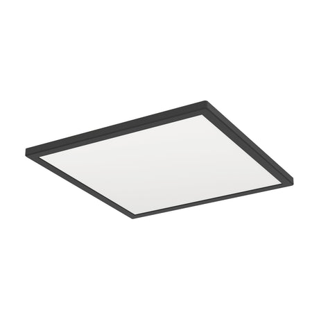 Rovito LED ceiling panel light, 39 x 39cm square design with slim black plastic frame and white diffuser, shown at an angle on a plain white background.