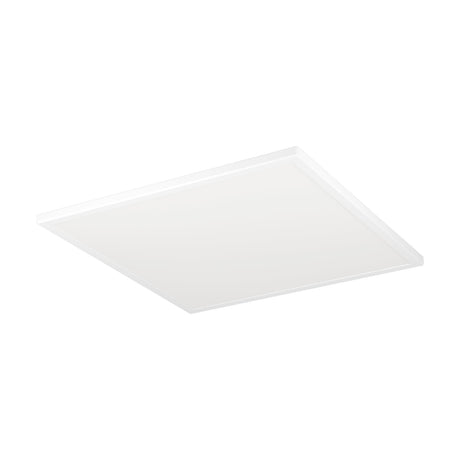 Rovito square LED ceiling panel light, 50 x 50cm, white plastic frame with smooth diffuser and no visible bulbs, shown at an angle on a plain white background.