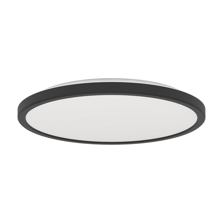 Rovito 30cm round LED flush ceiling light with black plastic frame and white diffuser, shown on a plain white background.